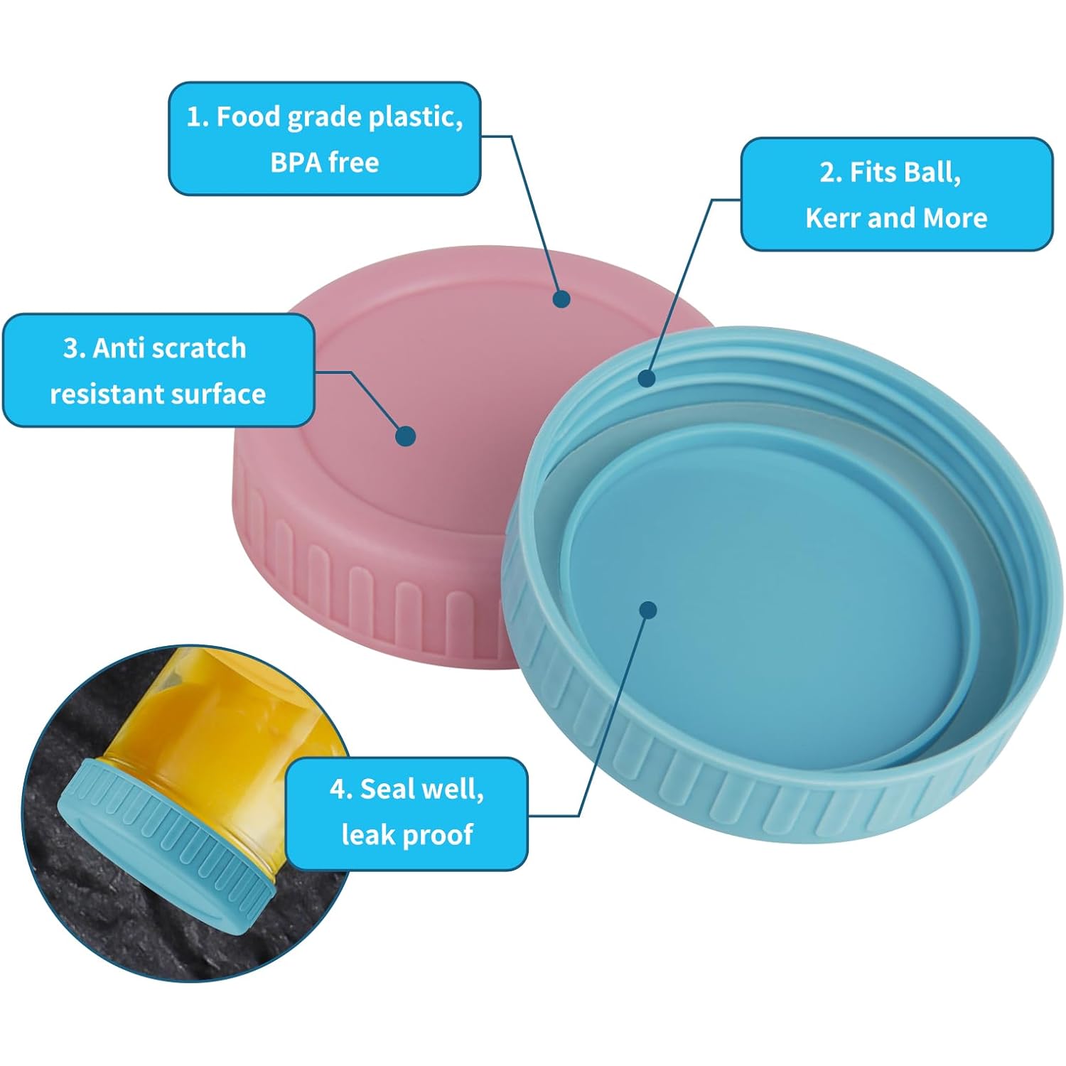 Vaincre 8PCS Wide Mouth Mason Jar Lids, Plastic Mason Jar Canning Lids Tops, Reusable Leak Proof Canning Covers with Silicone Rings for Ball, Kerr and More, Dishwasher Safe