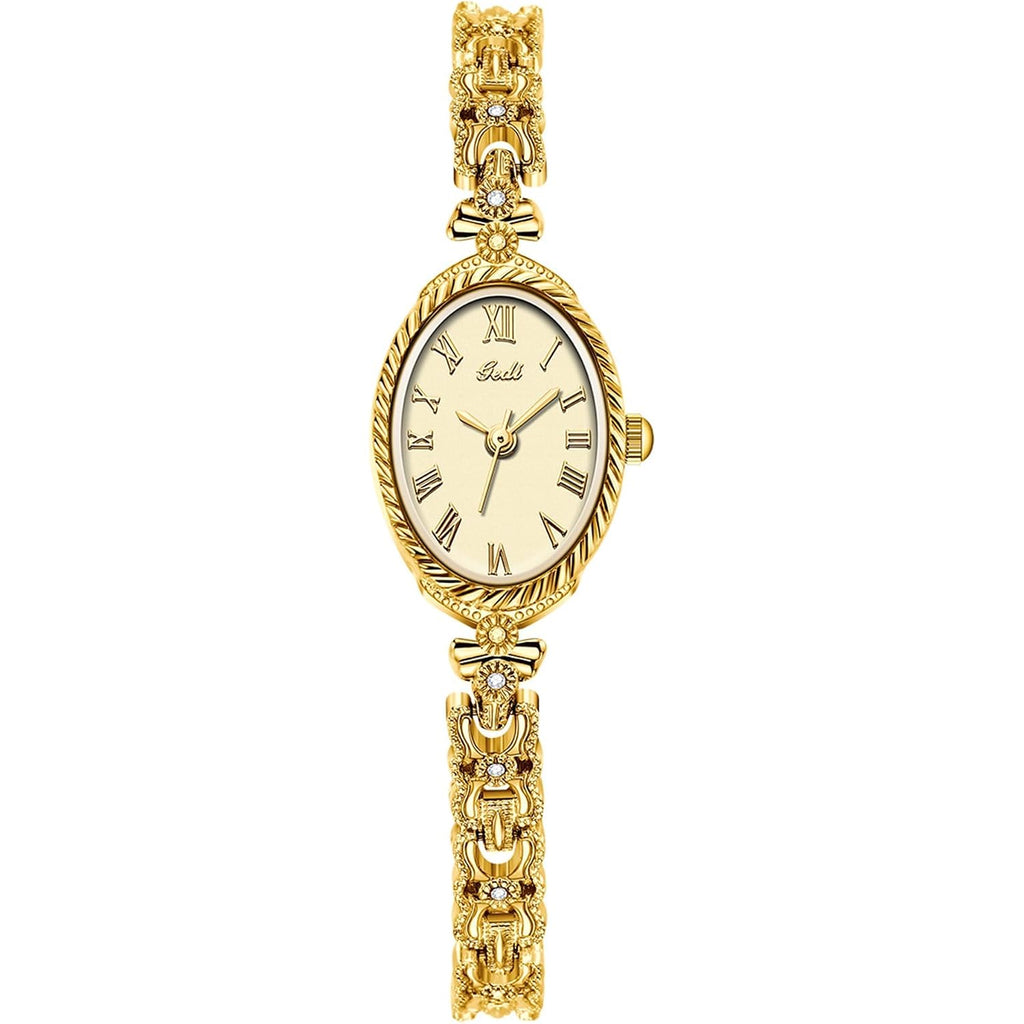 Gosasa Small Gold Watches For Women Vintage Dainty Oval Roman Numeral Dial Analog Slim Bracelet Alloy Band Water Resistant Dress Wrist Watch Elegant Gift