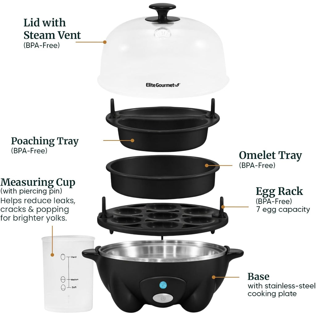 Elite Gourmet EGC-007B# Rapid Egg Cooker, 7 Easy-To-Peel, Hard, Medium, Soft Boiled Eggs, Poacher, Omelet Maker, Auto Shut-Off, Alarm, 16-Recipe Booklet, Black