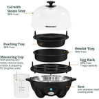 Elite Gourmet EGC-007B# Rapid Egg Cooker, 7 Easy-To-Peel, Hard, Medium, Soft Boiled Eggs, Poacher, Omelet Maker, Auto Shut-Off, Alarm, 16-Recipe Booklet, Black