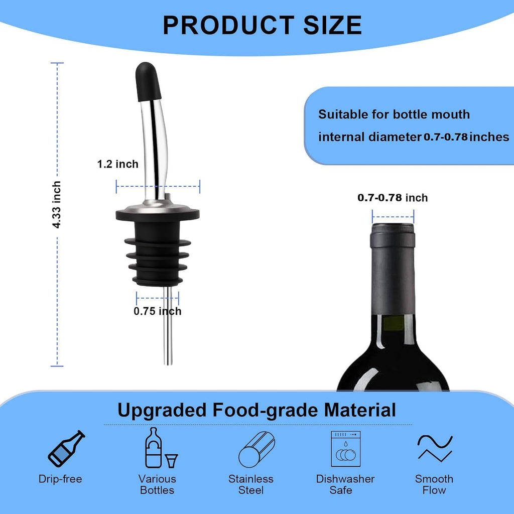 2Pcs Stainless Steel Pourers, Baltre Speed Liquor Bottle Pourer, Olive Oil And Vinegar Tapered Stopper Spout, Suitable For About 3/4" Bottle Mouth, Olive Oil Spout With Sealed Dust Caps