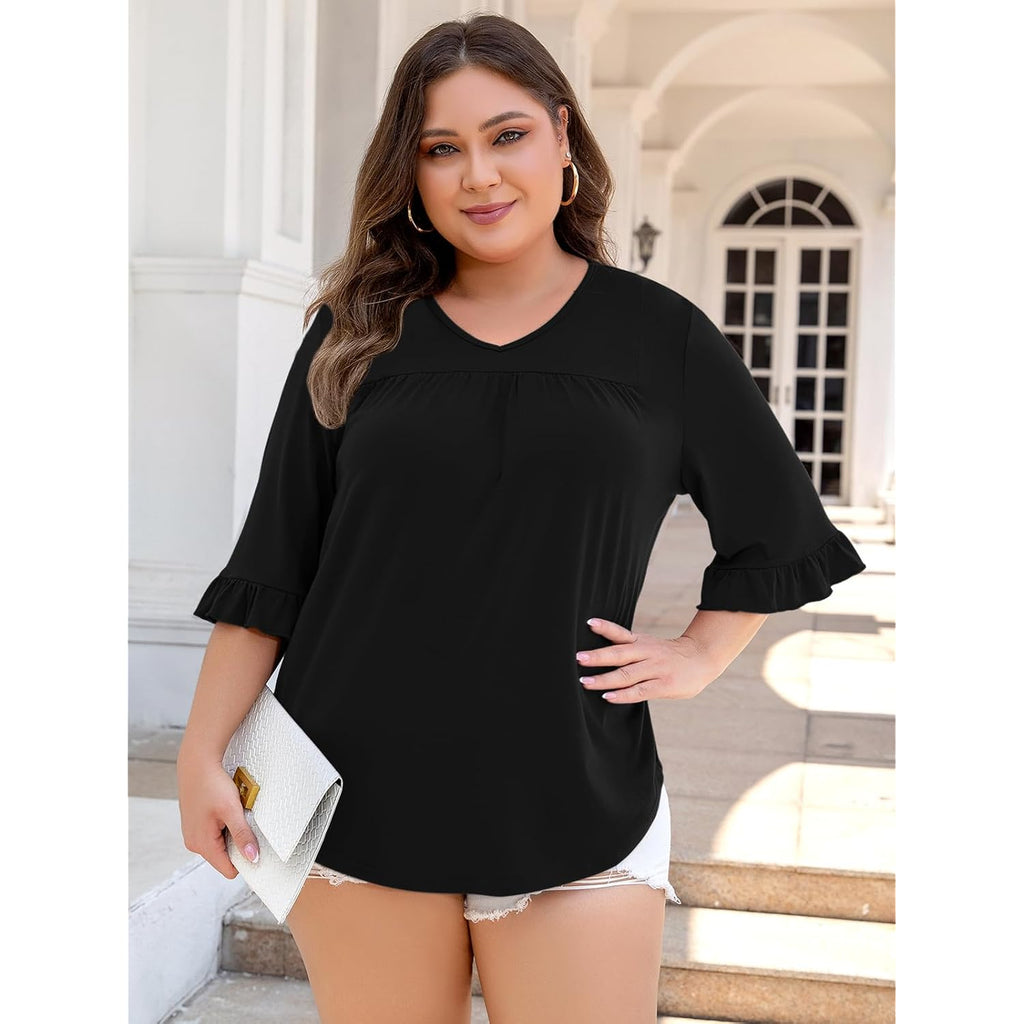 Womens Plus Size Tops 3/4 Sleeve Casual Shirts V Neck Ruffle Loose Fit Tunic Blouse Xl-5X