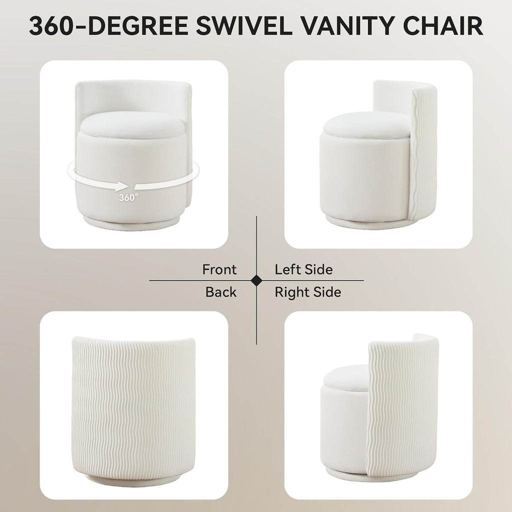 Velvet Vanity Chair With Storage, 360° Swivel Makeup Chair With Wave Back, No Assembly Small Accent Stool For Bedroom, Dressing, Living Room, White