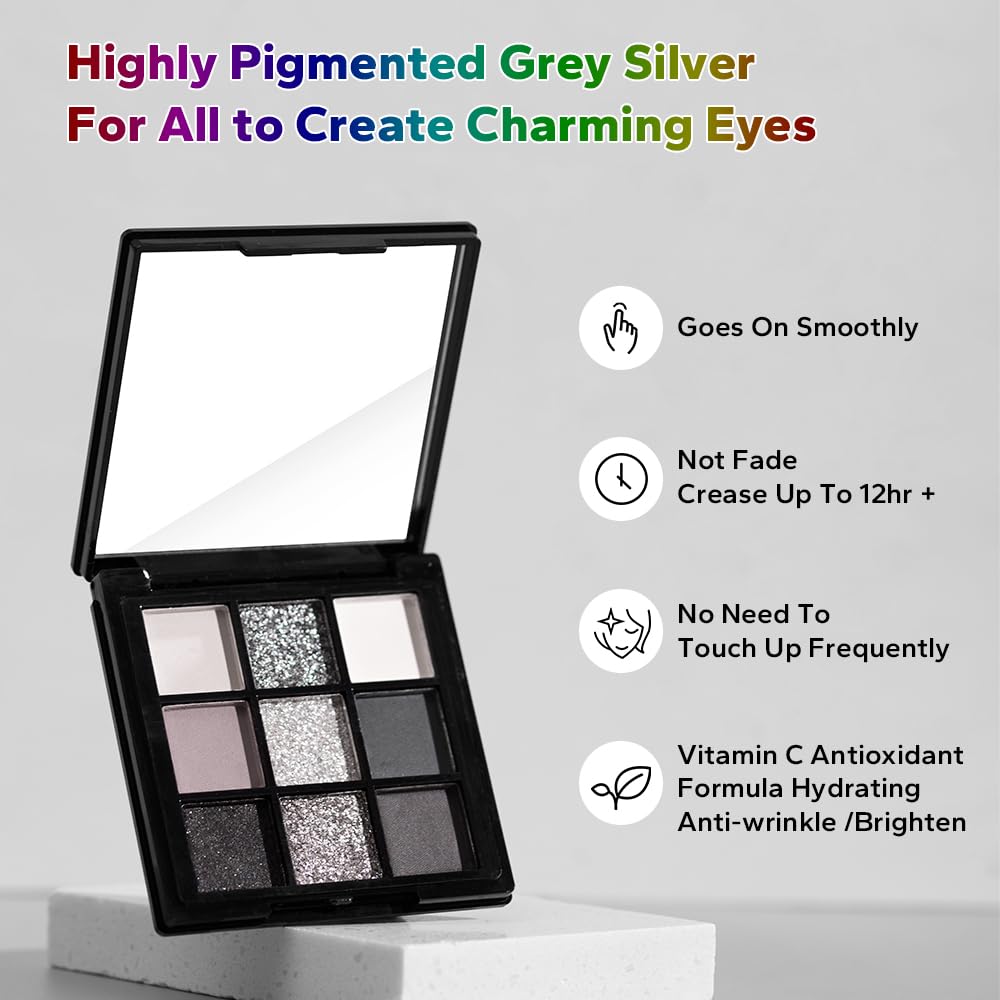 BAISEN DIARY 9 Color Smokey Eyeshadow Palette - Highly Pigmented Matte & Glitter Shades, Long-Lasting, Waterproof & Blendable, Black Silver Gray Eyeshadow Set for Sultry Glam (Reversal Star Smokey)