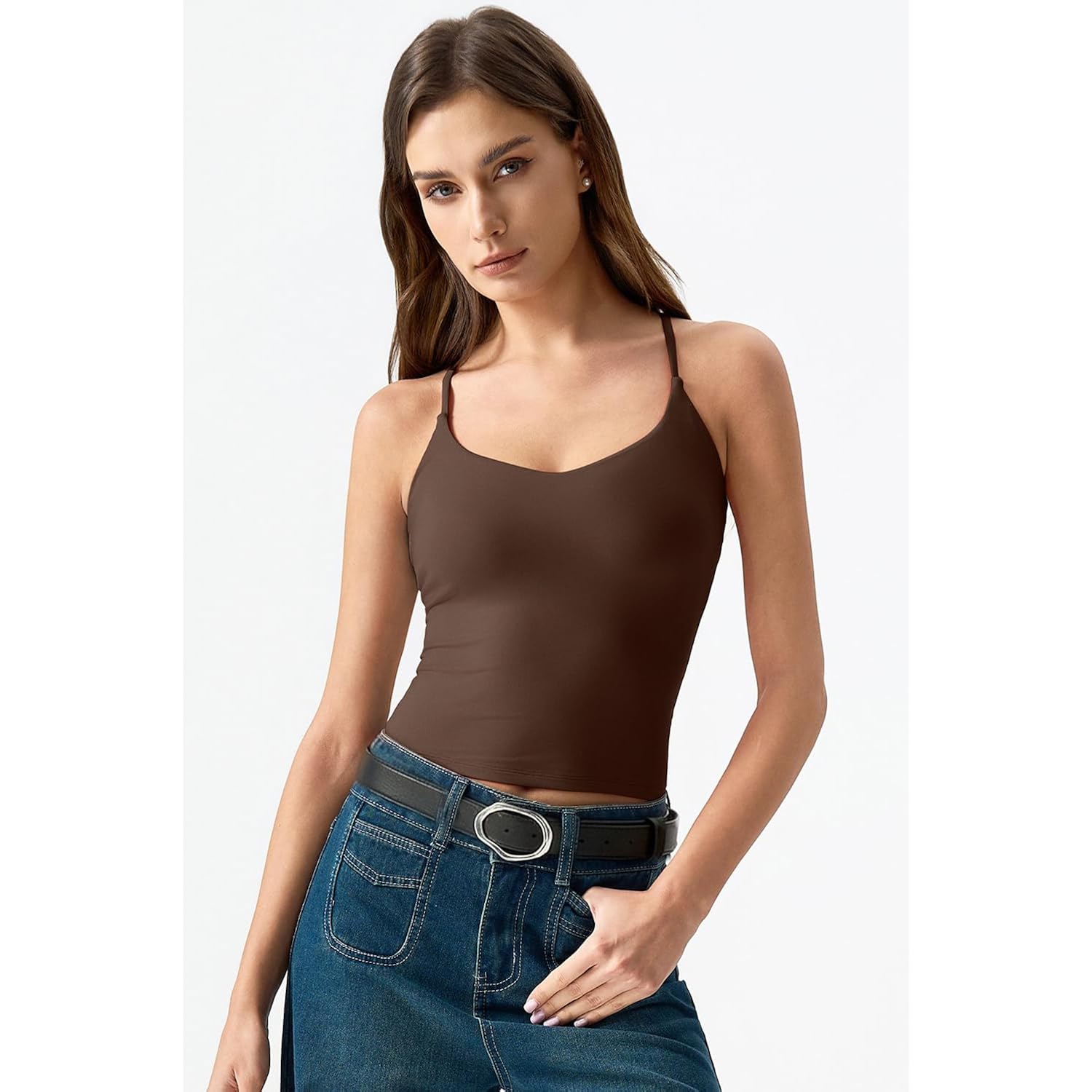 QINSEN Womens Cross Back Tank Top V Neck Double Lined Camisole Top Sleeveless Spaghetti Strap Going Out Tops