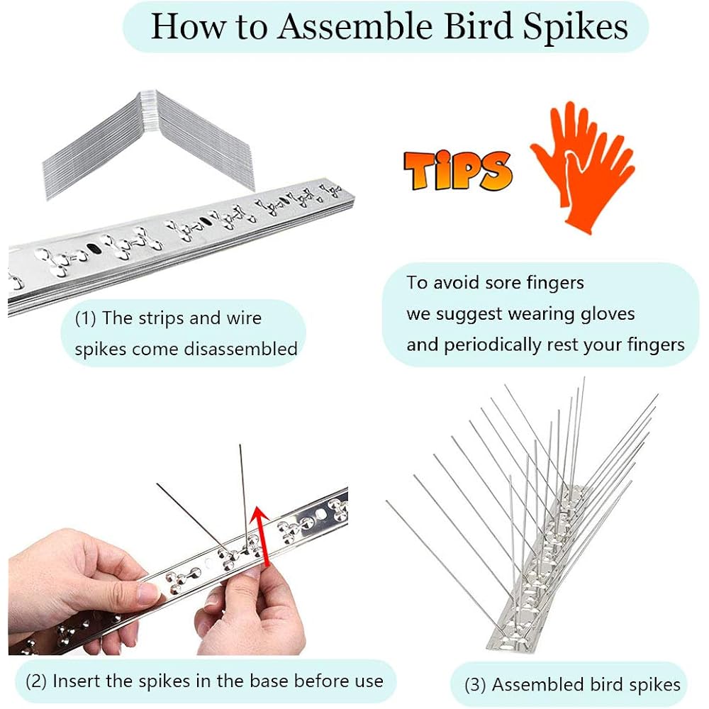 Pangch Bird Spikes,Stainless Steel Bird Spikes Metal Bird Spikes Fence Spikes Easy To Install - 5 Strips 4.1 Feet Coverage