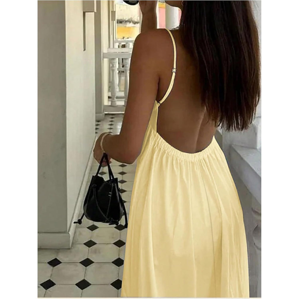 Soly Hux Women'S Summer Dress Backless V Neck Spaghetti Strap Loose Flowy Midi Cami Dresses