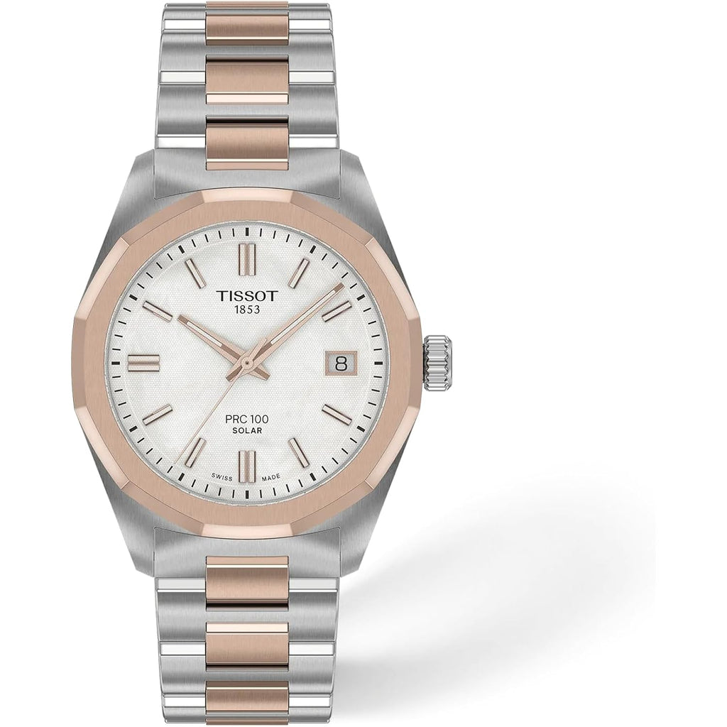 Tissot Prc 100 Solar, White Dial, 34Mm Watch For Women, Two-Tone Rose Gold And Silver Stainless Steel Bracelet, Solar Quartz Movement, T1518222211100