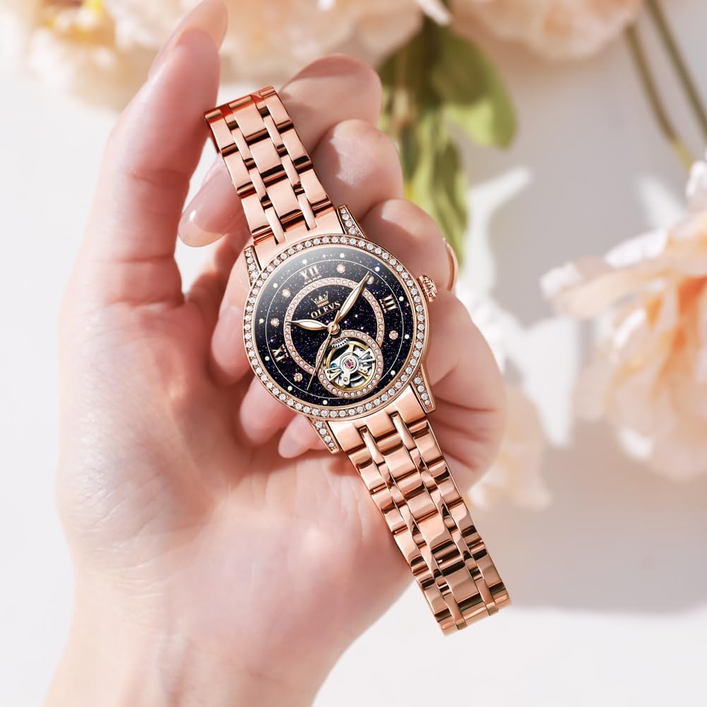 Olevs Automatic Womens Watches Mechanical Diamond Skeleton Luxury Dress Stainless Steel Silver/Rose Gold Waterproof Luminous Ladies Wrist Watches Gift Set