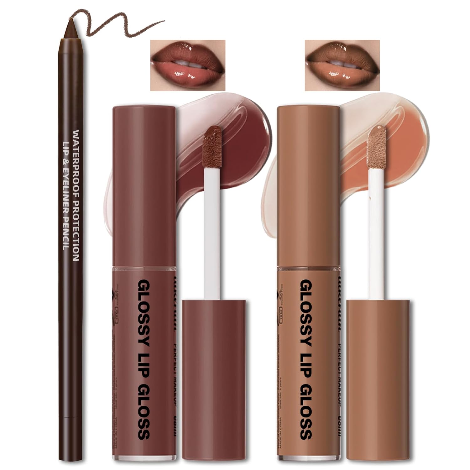 HOSAILY 2 Colors Nourishing Lip Gloss Hydration Non-Sticky Plumping Lip Kit for Women, Natural Nude Tinted Lip Glow Oil Moisturizing Lightweight Long Wear Shiny Liquid Lipstick with Lip Liner Combo