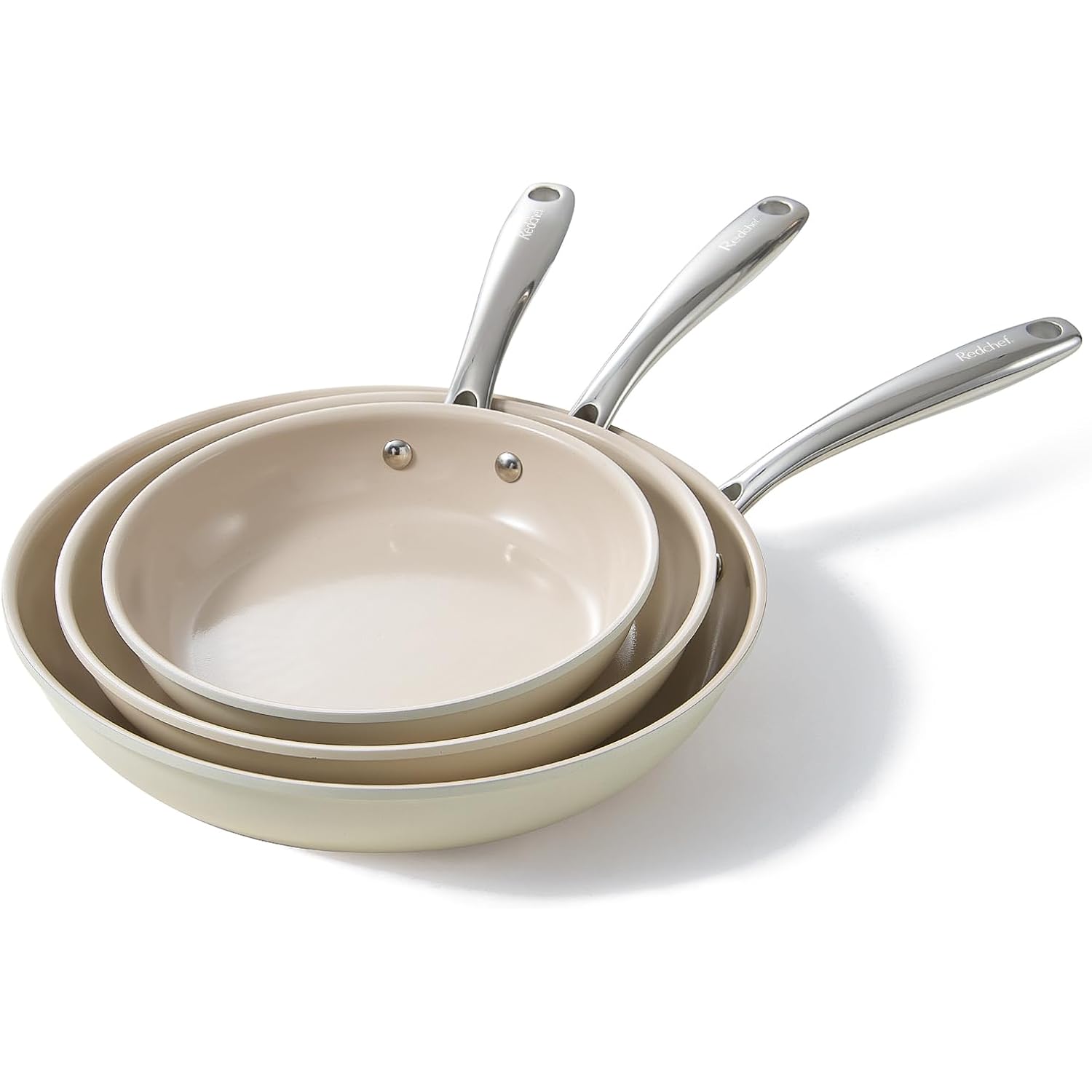 Redchef Nonstick Frying Pans Set, Ceramic Pan Skillet, Non Toxic Pans for Cooking, 8" 9.5" 11" Ceramic Frying Pan Set PFAS & PTFE & PFOA Free with Stay Cool Handle, Dishwasher & Oven Safe, Beige White