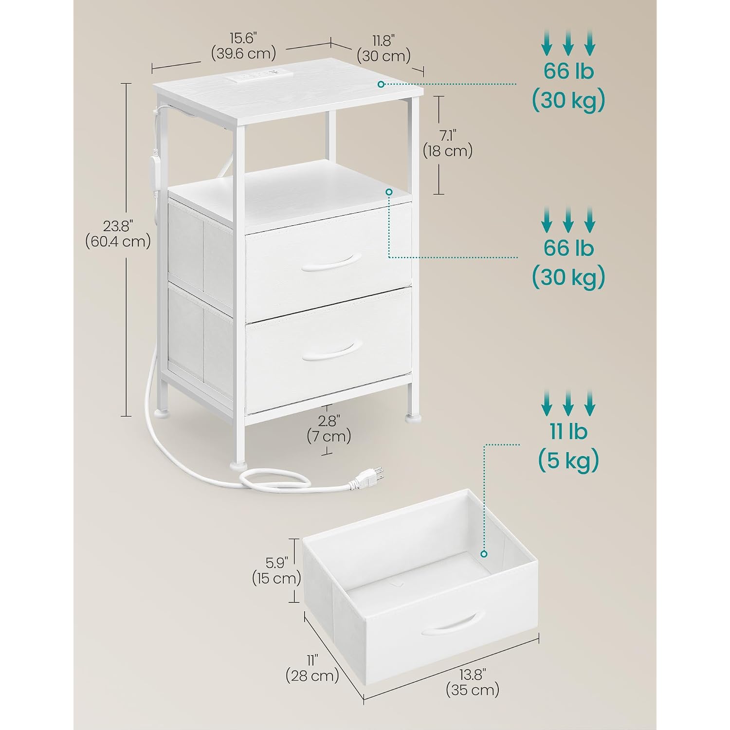 Songmics Bellah Collection - Nightstand With Charging Station And App-Controlled Adjustable Led Lights, Bed Side Table, 2 Drawers And 1 Open Shelf, Modern, Cloud White And Snow White Ulgs302Wh01S