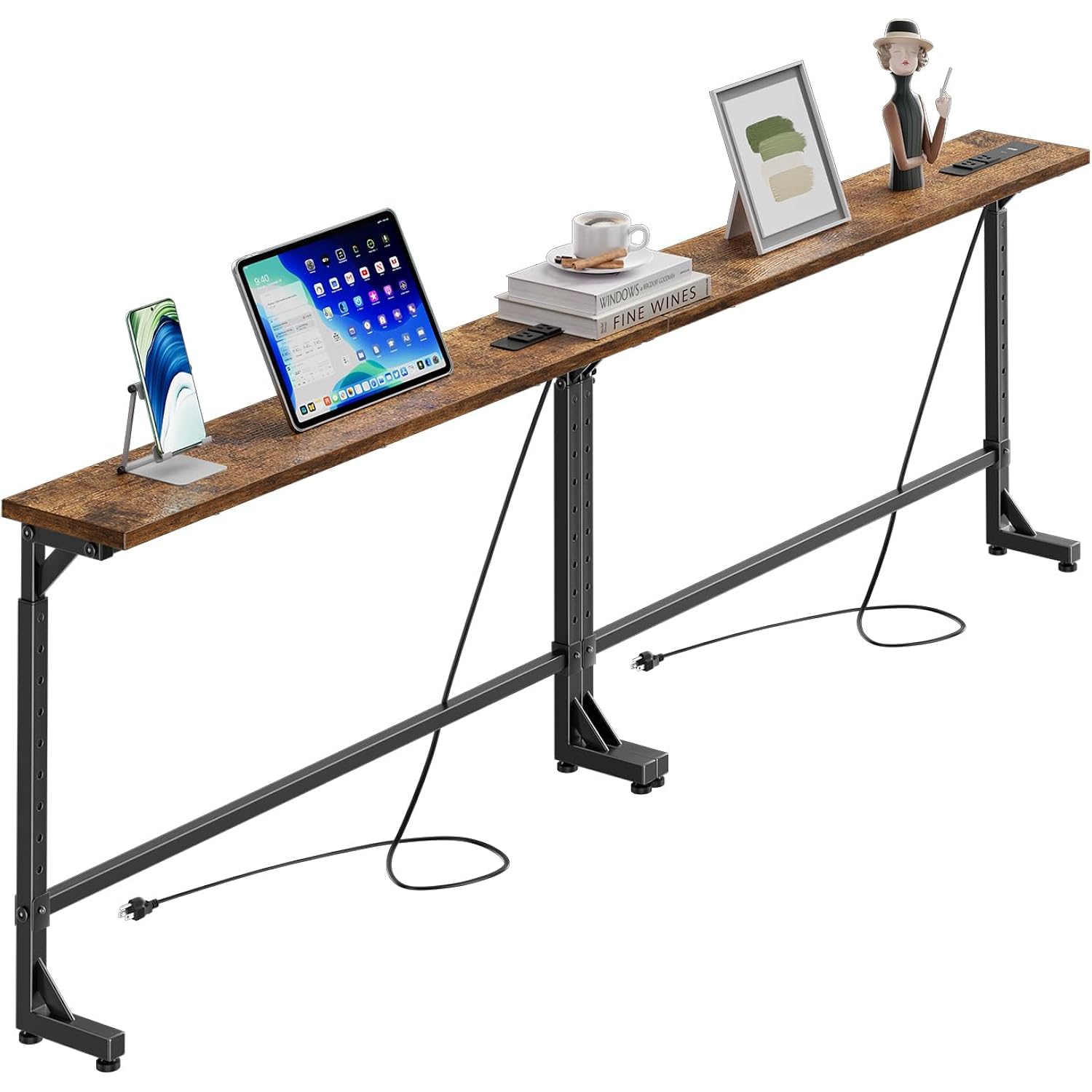 Simple Trending 78.75 Inch Narrow Console Table With 2 Charging Station, Behind Couch Table Set Of 2, Sofa Table Adjustable Height, Long Entryway Tables For Living Room, Rustic Brown