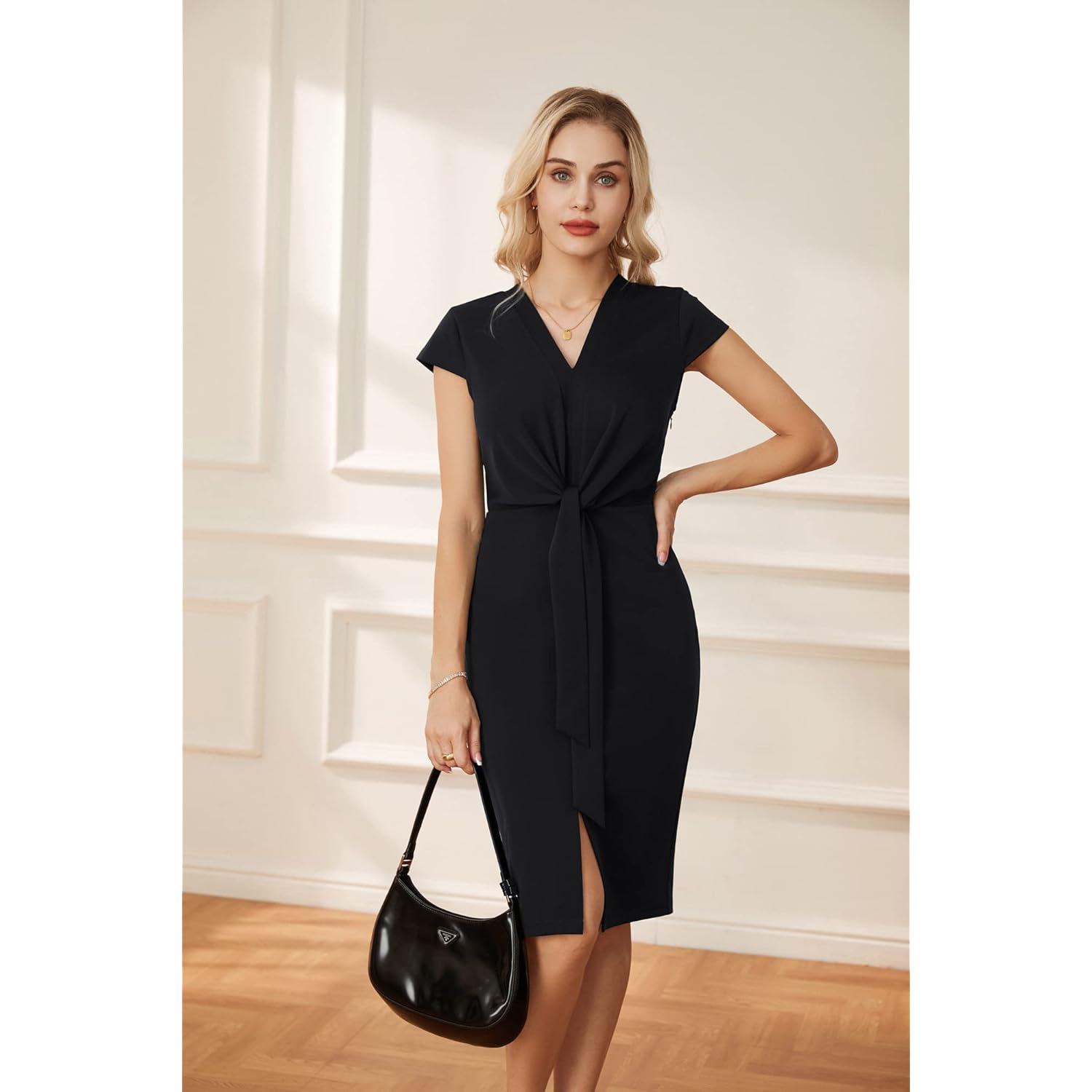Women's Summer Midi Dresses Cap Sleeve Tie Waist Work Dress Slit V-Neck Bodycon Dress Business Casual Outfits