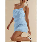 Soly Hux Women'S Mini Dress One Shoulder Ruffle Mesh Dresses Layered Backless Vacation Party Sundresses