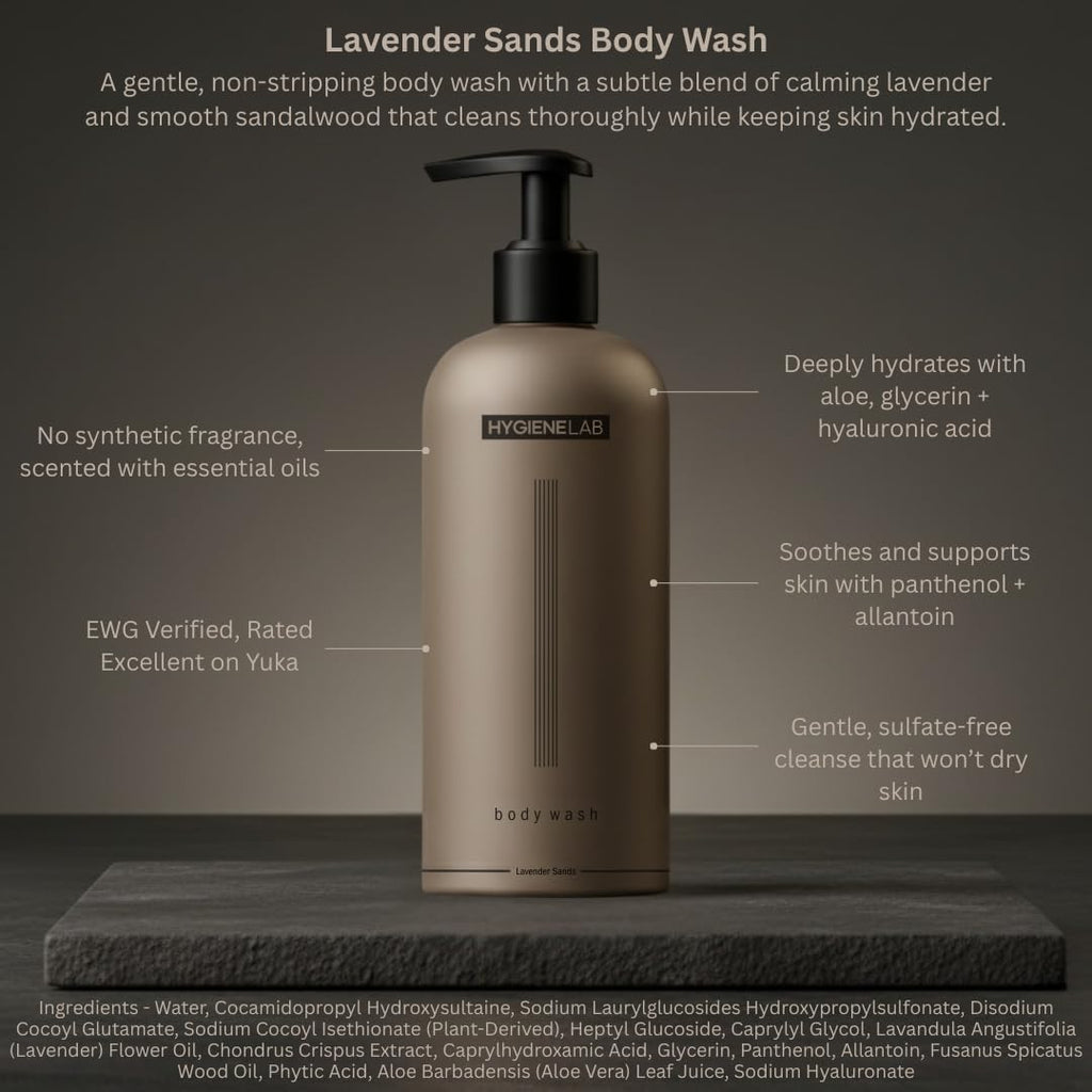 Hygienelab Mens Natural Body Wash - Ultra Hydrating, Ewg Verified Clean Formula, Lavender Sands Scent, Sulfate-Free, Paraben-Free, Phthalates-Free, Gentle & Effective For Healthy Skin (10 Oz)