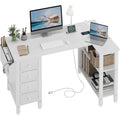 Lufeiya White L Shaped Computer Desk With Drawers & Storage Shelves, 47 Inch Corner Reversible Desk With Power Outlet For Home Office Bedroom, L-Shaped Teen Pc Desks With Fabric Drawer, White