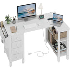 Lufeiya White L Shaped Computer Desk With Drawers & Storage Shelves, 47 Inch Corner Reversible Desk With Power Outlet For Home Office Bedroom, L-Shaped Teen Pc Desks With Fabric Drawer, White