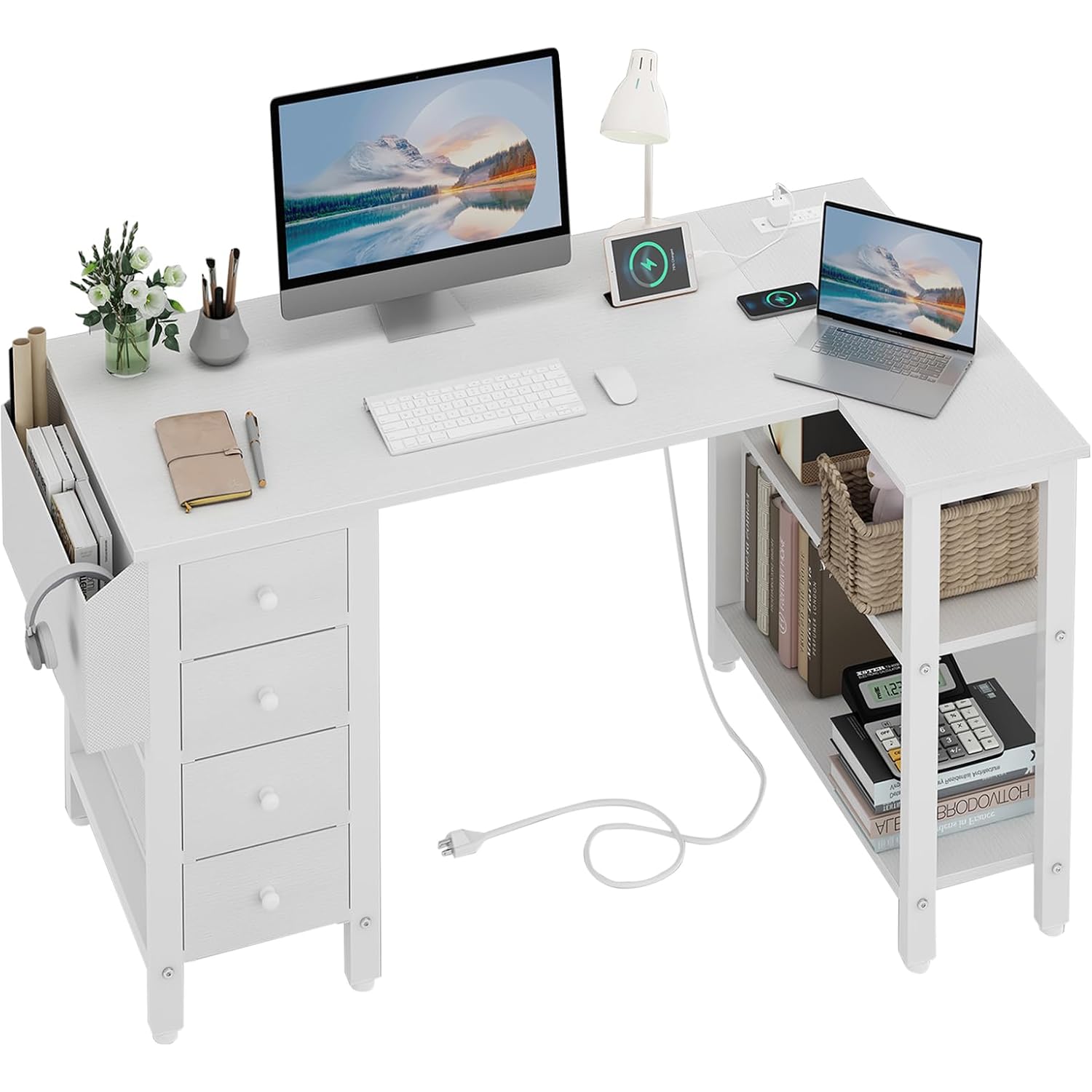 Lufeiya White L Shaped Computer Desk With Drawers & Storage Shelves, 47 Inch Corner Reversible Desk With Power Outlet For Home Office Bedroom, L-Shaped Teen Pc Desks With Fabric Drawer, White