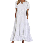 Chouyatou Women Summer Ruffle Hem Floral Lace Eyelet Dress Casual Notch Neck Midi Tunic Dress With Pocket