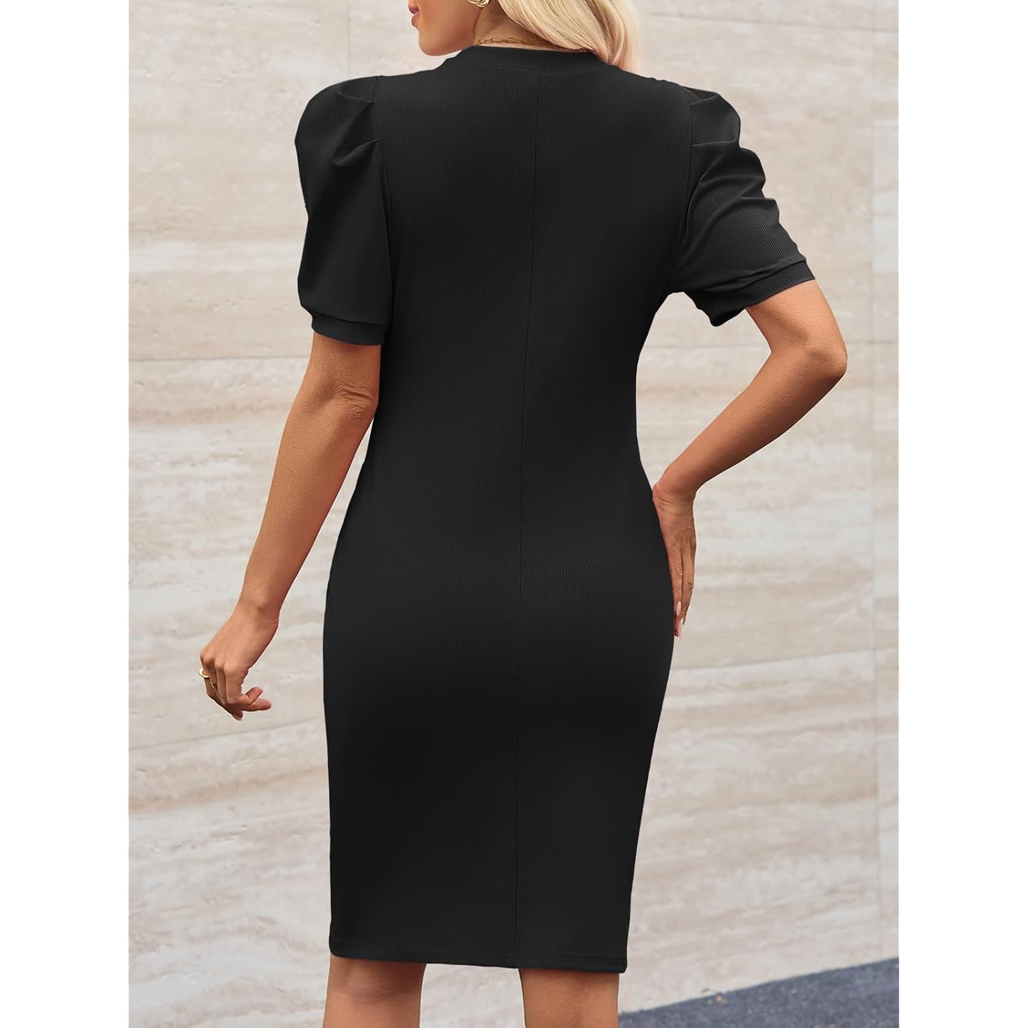 Cicy Bell Women'S Puff Sleeve Bodycon Work Dresses Crew Neck Business Casual Office Pencil Dress