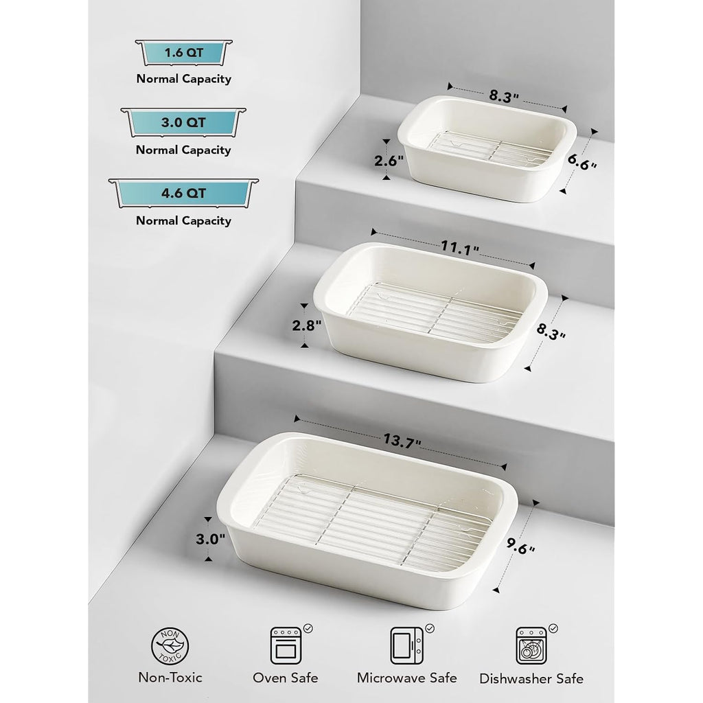 Le Tauci Deep Casserole Dishes For Oven, 13.7”X9.6” Ceramic Baking Dish Set With Roasting Racks, Large Lasagna Pans With Handles, Rectangular Bakeware As Gift For Mom, White (4.6Qt/3.0Qt/1.6Qt), Set Of 3