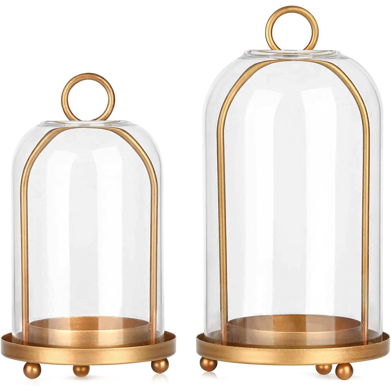 Vintage Brass Metal Candle Lantern with Thick Glass Dome – Set of 2 Shabby Chic Style Candle Holders (5.25"x10" & 4.5"x7.87") – Hanging or Tabletop Decor for Pillar Candles, Plants