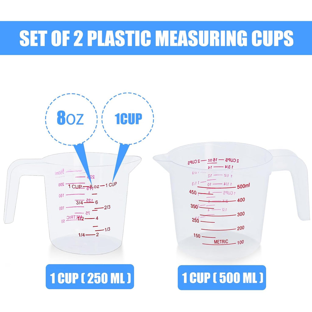 Dtdnzkn 2 Pack Measuring Cup Set, 250Ml (1-Cup) And 500Ml (2-Cup) | Plastic Liquid Measuring Cups- Baking, Cooking, Mixing & Measuring Cups, Essential Kitchen Tools