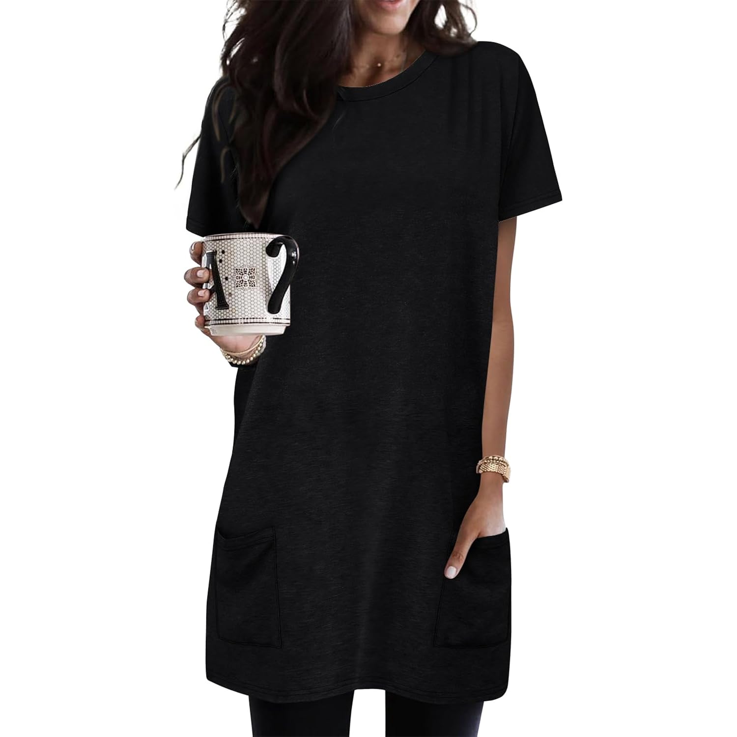 Kissmoda Womens Summer Tunic Tops For Leggings Casual Short Sleeve Long Shirts With Pockets