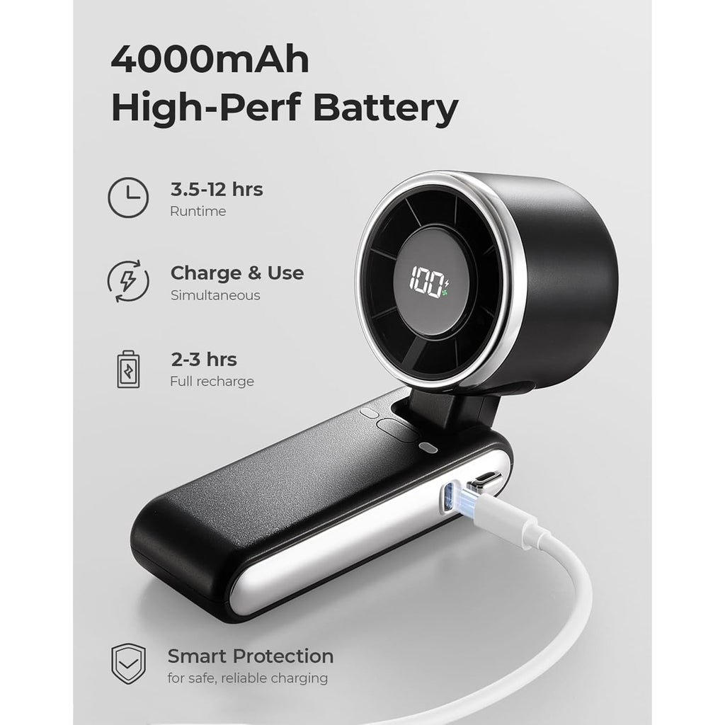 Portable Handheld Turbo Fan - 5 Gear High Speed 4000Mah Rechargeable Mini Personal Hand Fan Blow Cold Air, Battery Operated Travel Essentials, Beach Vacation, Gifts For Women, Men (Black)