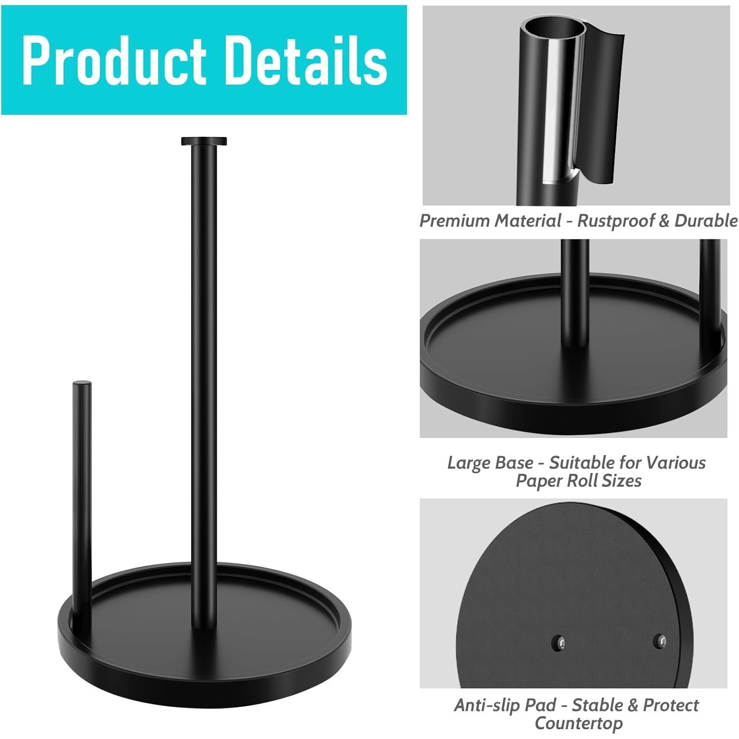 Paper Towel Holder Countertop, Standing Paper Roll Holder with Anti Slip Weighted Base, Stainless Steel Freestanding Paper Towel Holder for Kitchen, Black