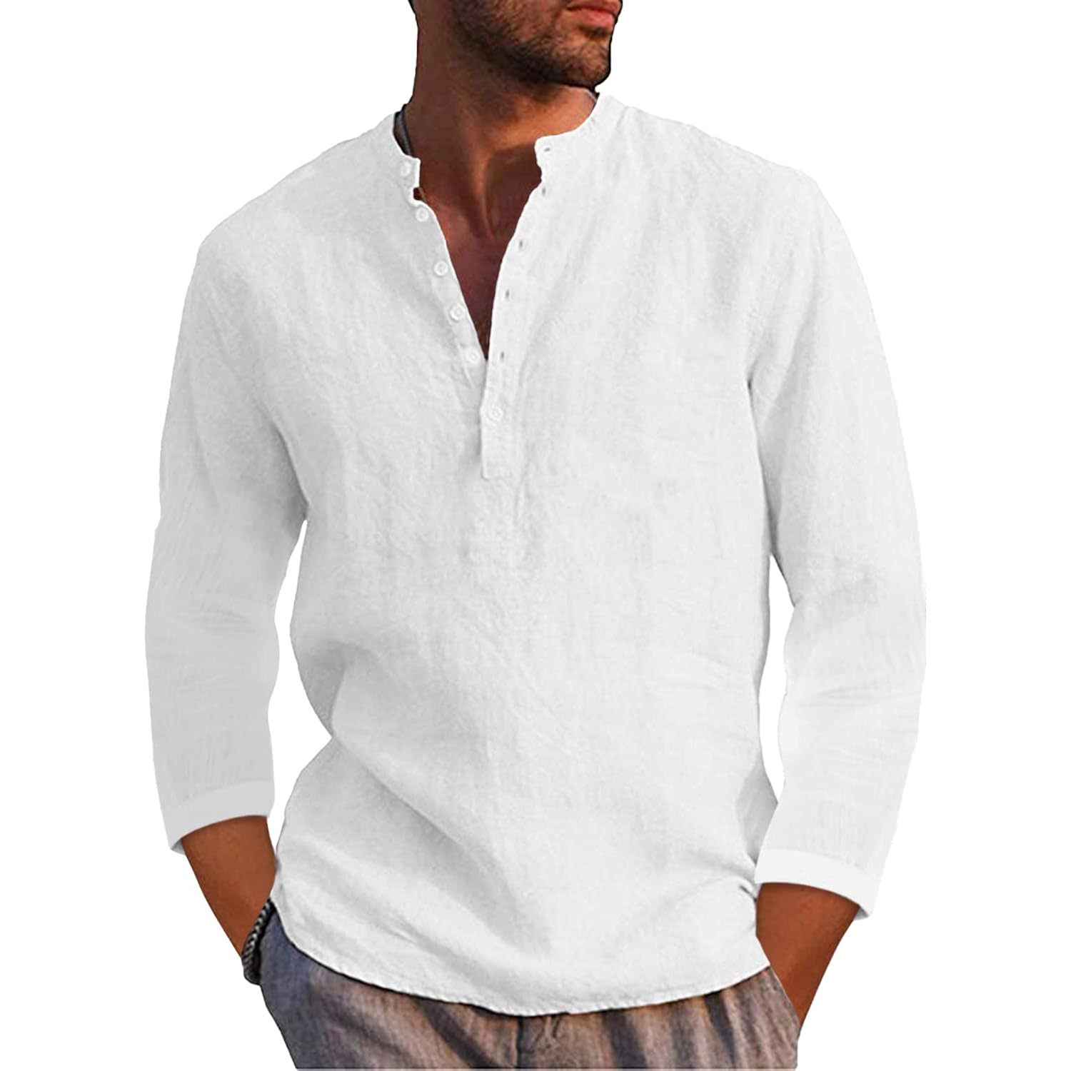 Mens Linen Henley Shirts Long Sleeve Hippie Yoga Summer Beach Casual Henleys T-Shirt