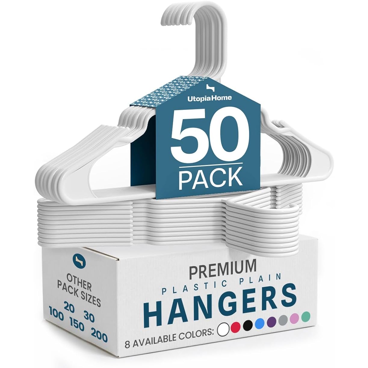 Utopia Home Plastic Hangers 50 Pack – Space Saving Clothes Hanger White | Durable & Strong | Closet Organizer & Storage | Ideal For Apartments, Dorms & Stocking Stuffers