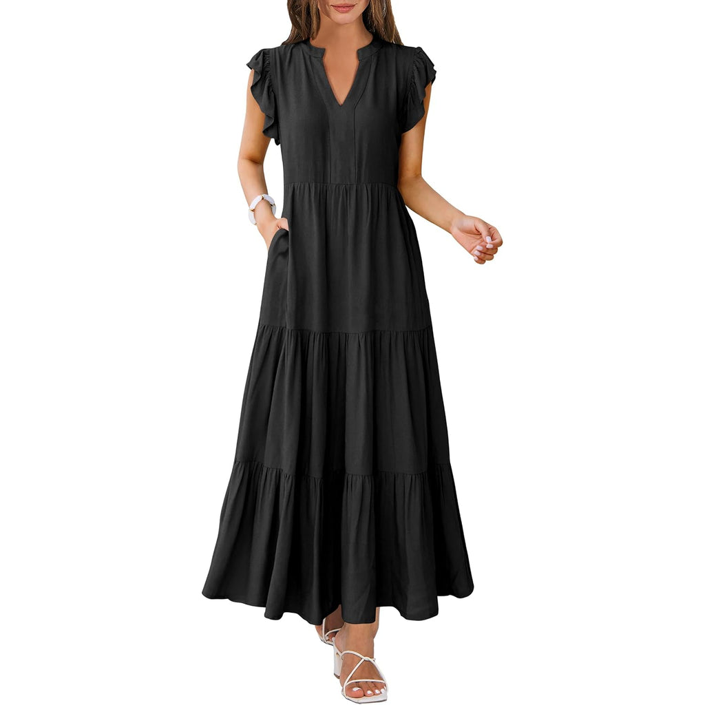 Anrabess Womens Soft Maxi Dresses, Comfy Flowy Tiered Boho Regular Sundress, Summer Casual Wear For Vacation, Beach & Travel