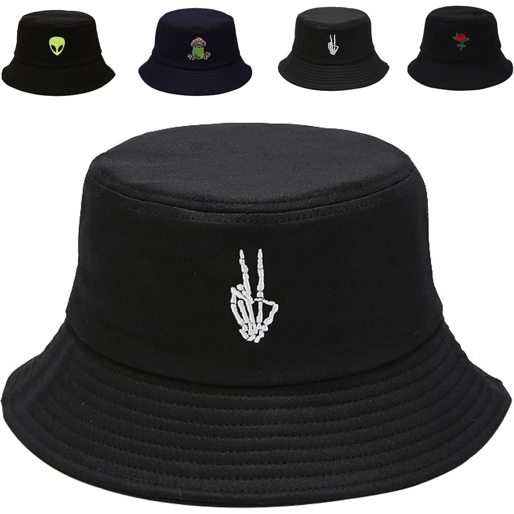Cotton Bucket Hat for Women Men Summer Travel Sun Beach Bucket Cap, Unisex Outdoor Fisherman Hat Skeleton Fingers Black