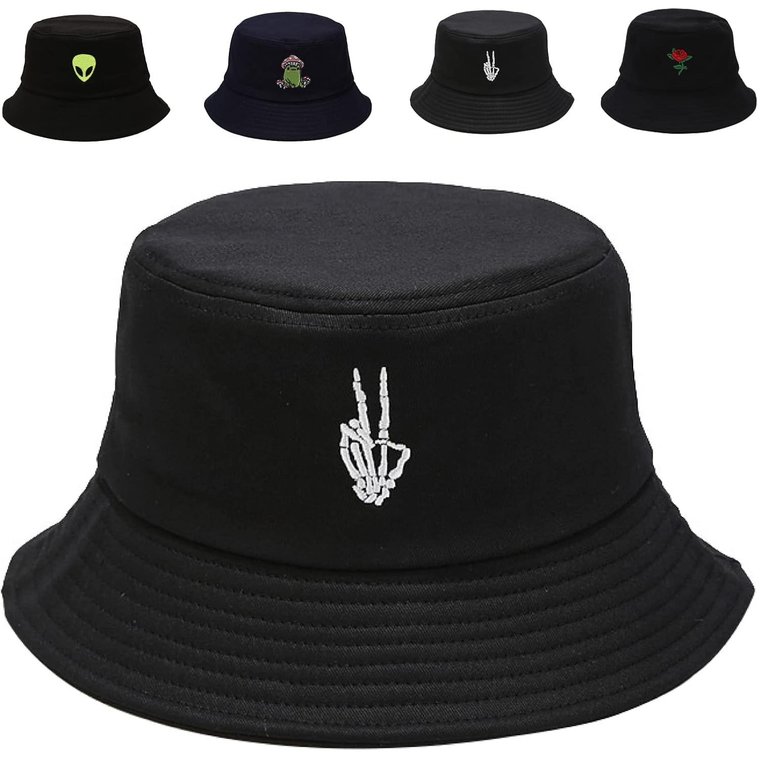 Cotton Bucket Hat for Women Men Summer Travel Sun Beach Bucket Cap, Unisex Outdoor Fisherman Hat Skeleton Fingers Black
