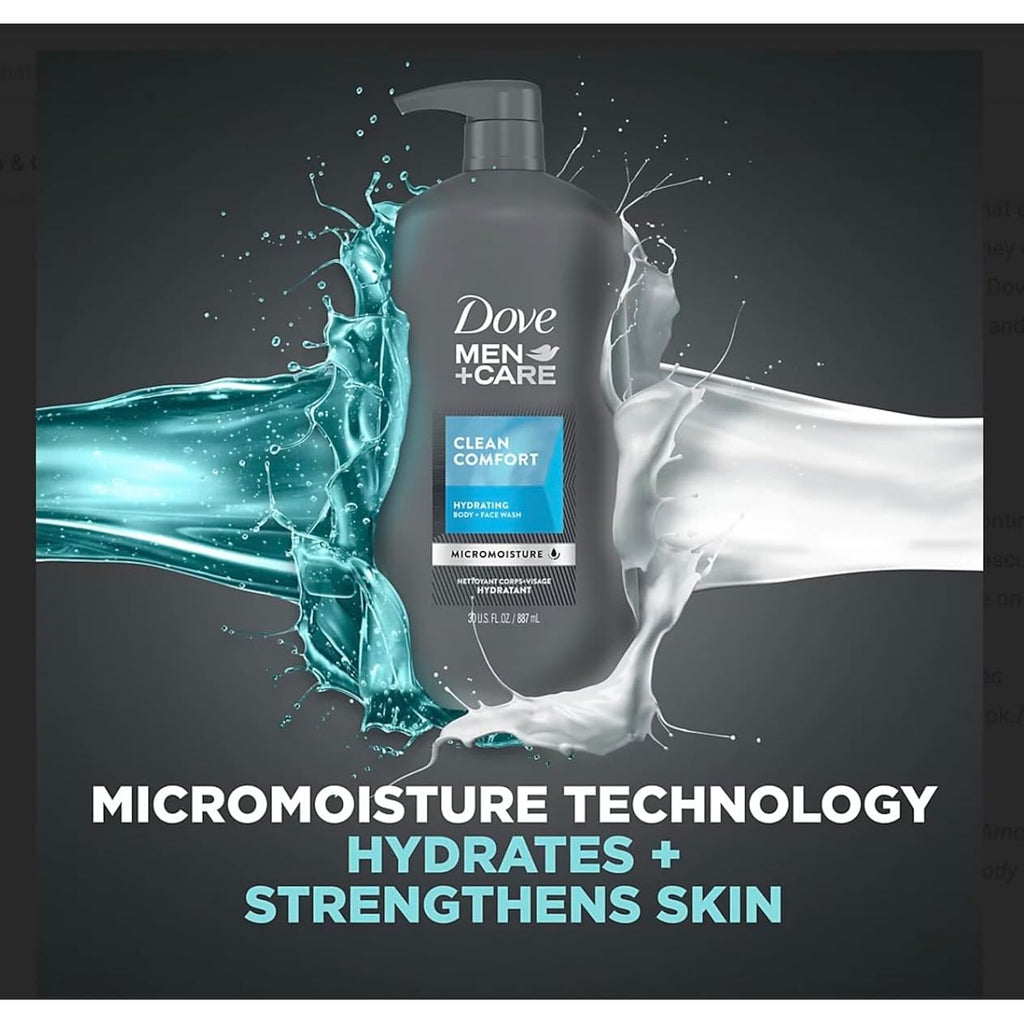 Dove Men+Care Body And Face Wash Hydrating Clean Comfort Body Wash For Men With 24-Hour Nourishing Micromoisture Technology, 30 Oz. 2Pack