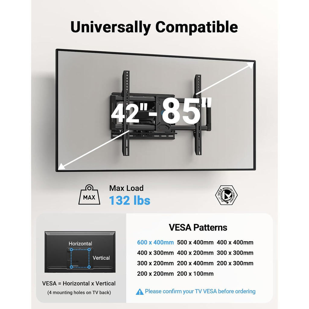 Pipishell Full Motion Tv Wall Mount For 42-85 Inch Led Tvs Up To 132Lbs, Fits 65 75 Inch Swivel Tv Mount Bracket With Articulating Arms, Max Vesa 600X400Mm, Fits 12” 16" Wood Studs
