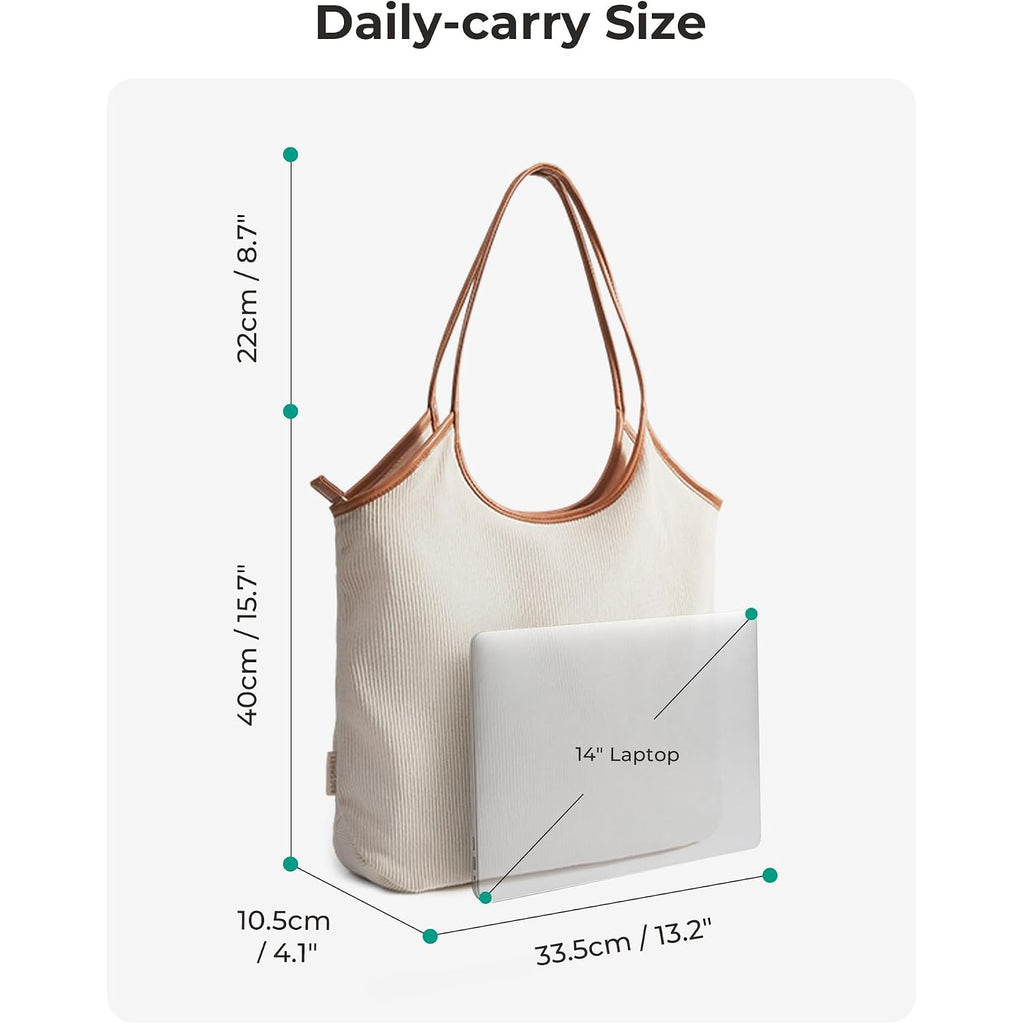Bagsmrt Corduroy Tote Bag For Women Beach Bag With Zipper Casual Shoulder Bag Lightweight Travel Tote Hobo Handbag | Pu Leather Handles