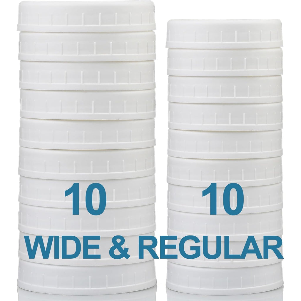 AOZITA 10 WIDE Mouth & 10 REGULAR Mouth Mason Jar Lids - 20 Pack Food Grade Plastic Mason Jar Caps for Ball, Kerr and More Canning Jars - Leakproof & Dishwasher Safe - White