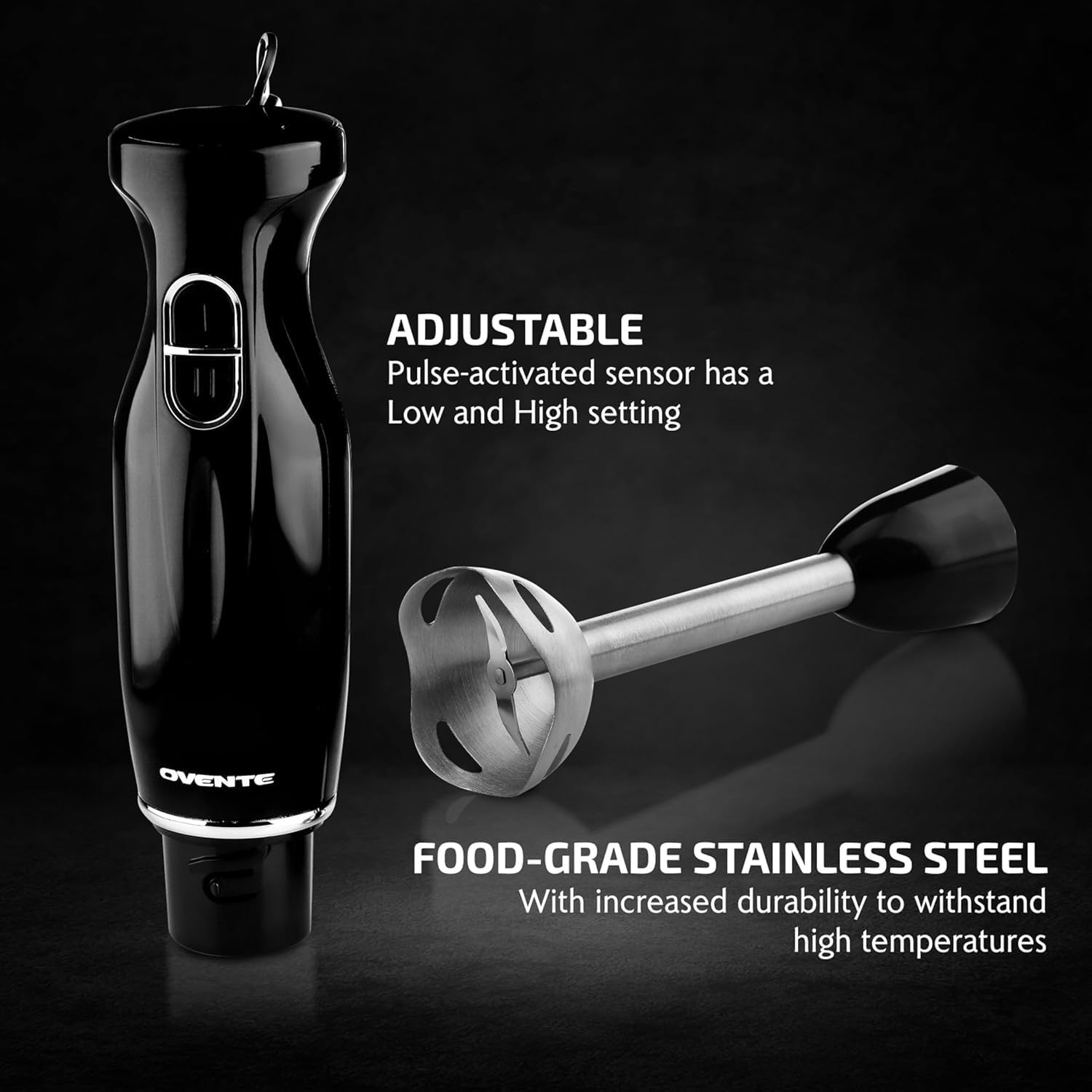 Ovente Immersion Hand Blender, 300W Electric Handheld Stick Mixer With 2 Mixing Speeds And Stainless Steel Blades For Smoothies, Purees & Baby Food, Black Hs560B