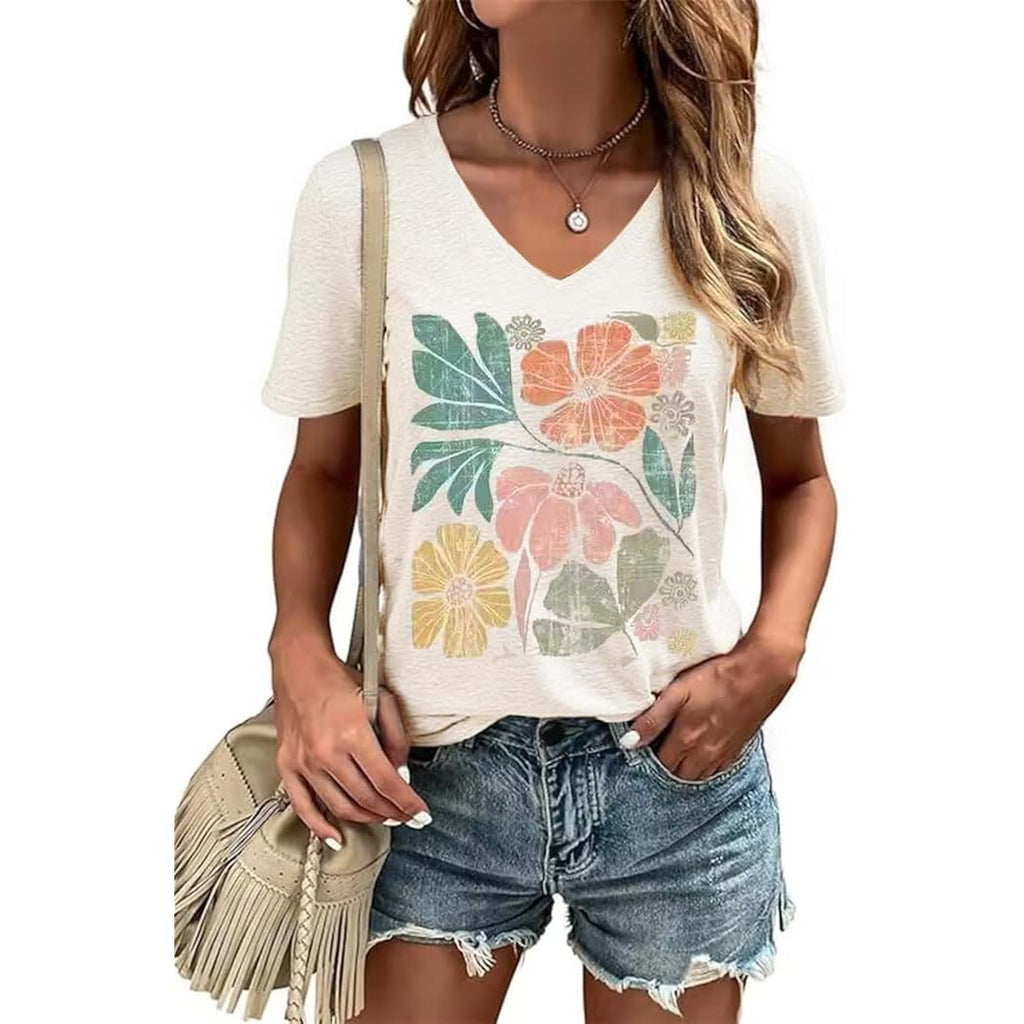 Women's T-Shirt V-Neck Graphic Tees Vintage Boho Flowers Shirt Summer Casual Plant Short Sleeve Tshirt Tops Apricot1