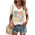 Women's T-Shirt V-Neck Graphic Tees Vintage Boho Flowers Shirt Summer Casual Plant Short Sleeve Tshirt Tops Apricot1