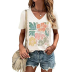 Women's T-Shirt V-Neck Graphic Tees Vintage Boho Flowers Shirt Summer Casual Plant Short Sleeve Tshirt Tops Apricot1