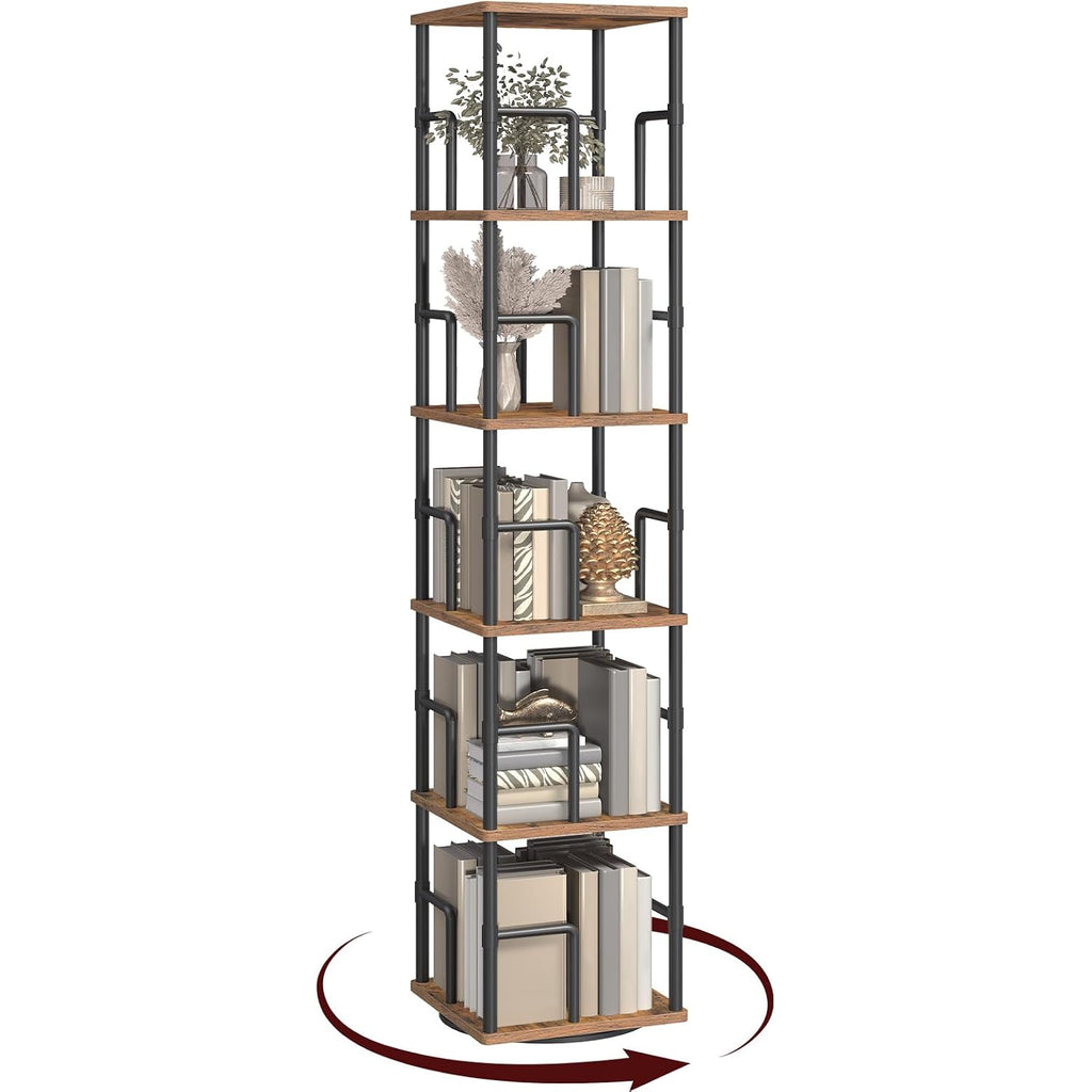 Mahancris 5-Tier Rotating Bookshelf, Freestanding Corner Bookshelf, 360° Spinning Bookcase, Industrial Style Storage Rack With Rails, For Living Room, Bedroom, Study, Rustic Brown And Black Bkhr1601