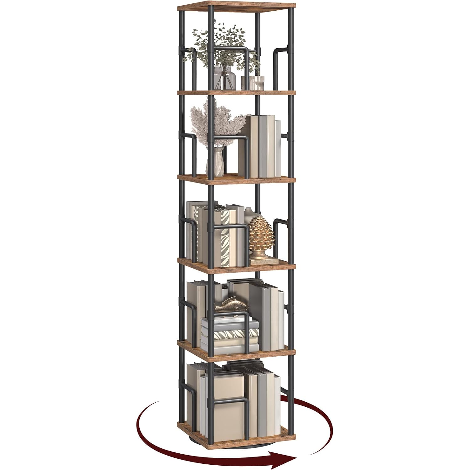 Mahancris 5-Tier Rotating Bookshelf, Freestanding Corner Bookshelf, 360° Spinning Bookcase, Industrial Style Storage Rack With Rails, For Living Room, Bedroom, Study, Rustic Brown And Black Bkhr1601