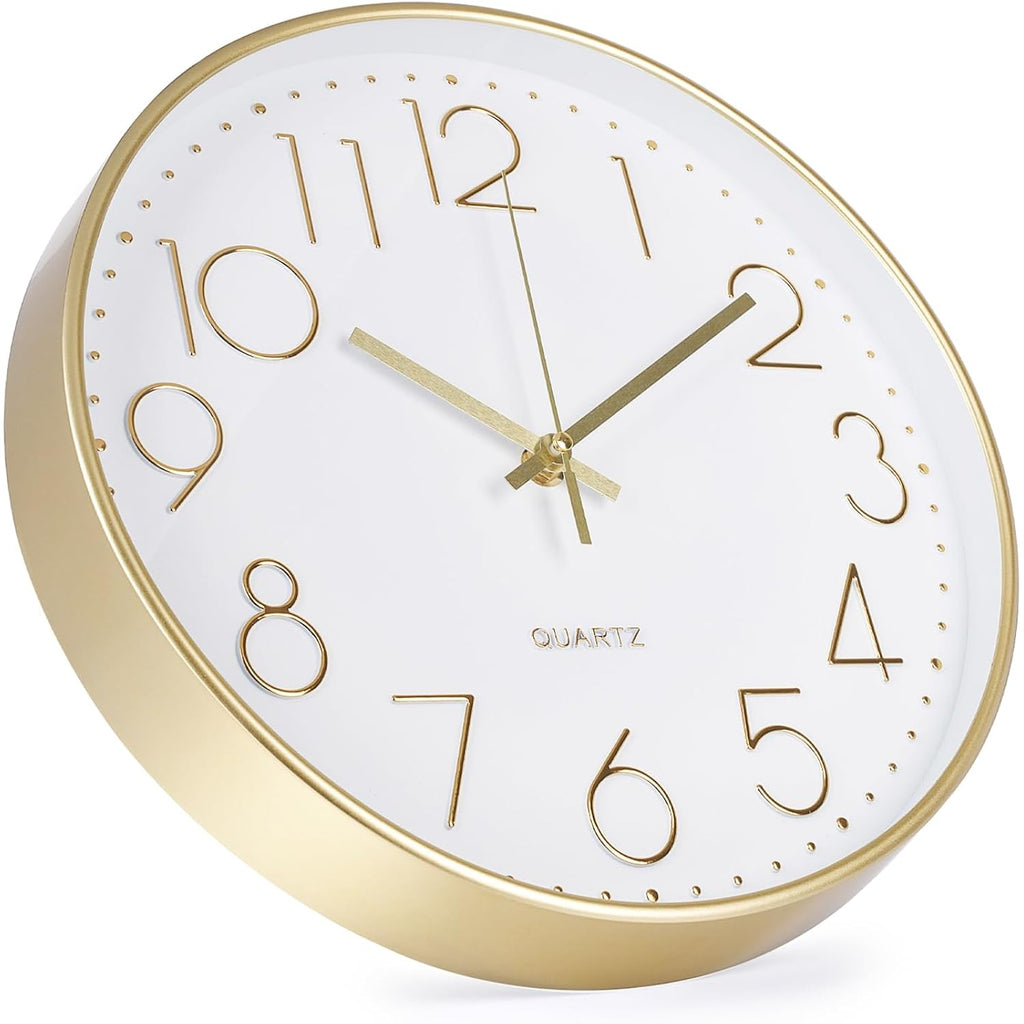 Wall Clock 12 Inch Non-Ticking Silent Modern Simple Style Round Decor Clock Gold Stereoscopic Dial Quartz Wall Clocks For Home/Office/School/Living Room/Bedroom/Kitchen