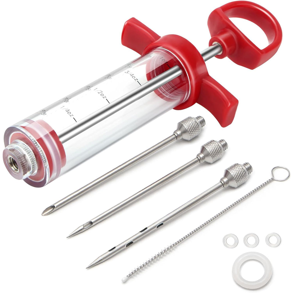 Meat Injector, 1-Oz Plastic Bbq Marinade Injector Kit, Turkey Injector Syringe (3 Stainless Steel Meat Needles +3 Replacement O Rings + 1 Cleaning Brush) For Turkey Smoked Bbq Grill