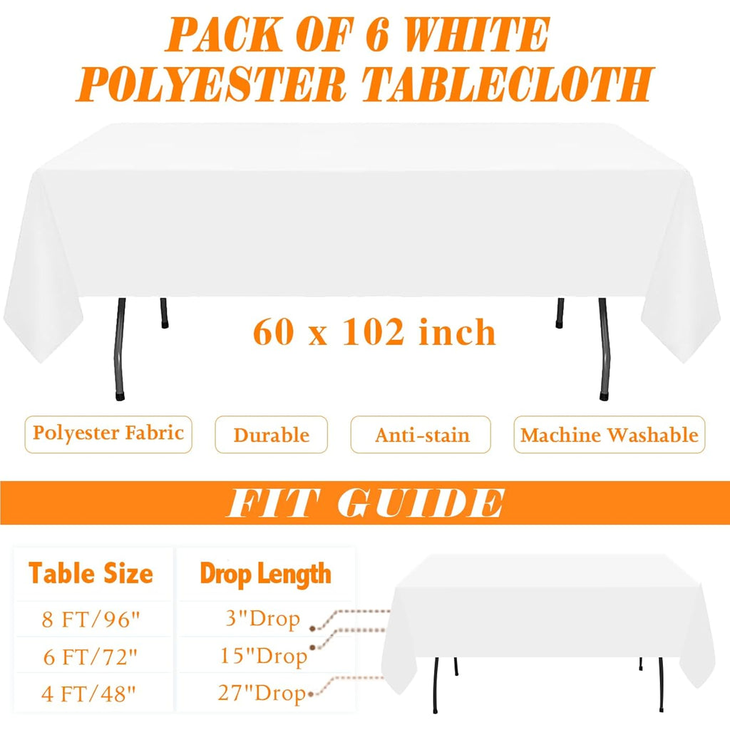 WIGENIUS 6 Pack White Table Cloth Rectangle Tablecloths 60X102 Inch,Polyester Table Cloth for 6 Foot Rectangle Tables,Wrinkle Resistant Washable Fabric Table Covers for Party,Wedding Banquet
