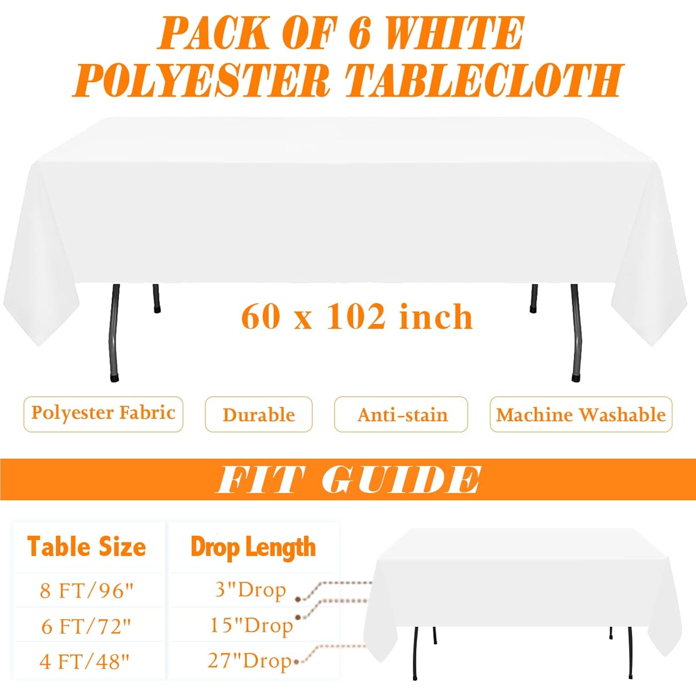 WIGENIUS 6 Pack White Table Cloth Rectangle Tablecloths 60X102 Inch,Polyester Table Cloth for 6 Foot Rectangle Tables,Wrinkle Resistant Washable Fabric Table Covers for Party,Wedding Banquet